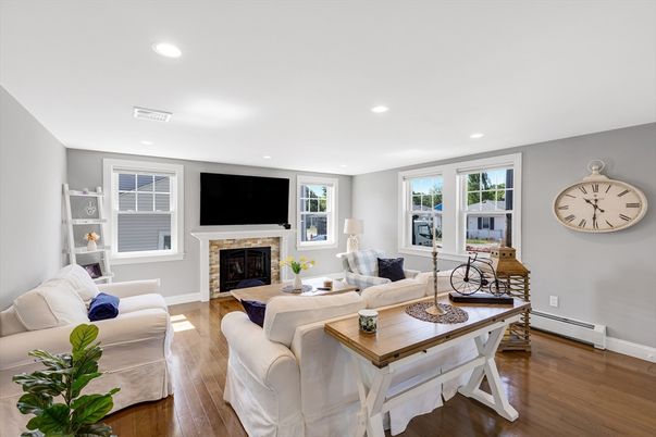 Fireplace, Interior, Living room, Recessed Lighting, Wood Texture Flooring