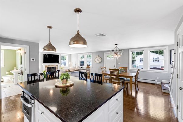 Dining room, Fireplace, Interior, Kitchen, Pendant Lights, Recessed Lighting, Wood Texture Flooring