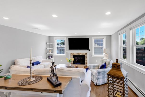 Fireplace, Interior, Living room, Recessed Lighting, Wood Texture Flooring