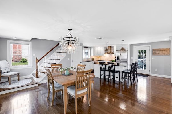 Dining room, Interior, Kitchen, Pendant Lights, Stainless Steel Appliances, Wood Texture Flooring