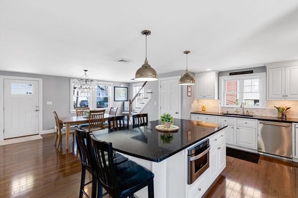 Dining room, Interior, Kitchen, Pendant Lights, Stainless Steel Appliances, Wood Texture Flooring