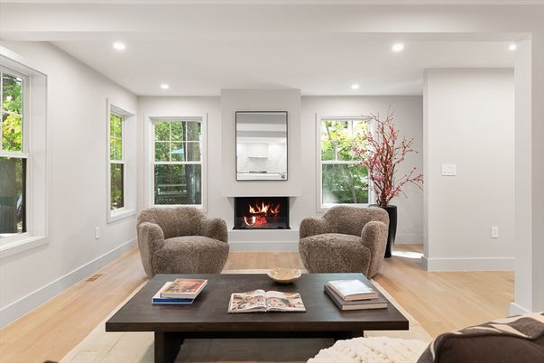 Fireplace, Interior, Living room, Recessed Lighting, Wood Texture Flooring