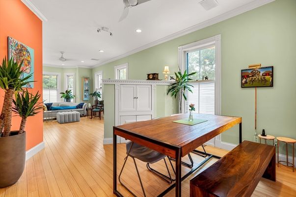 Dining room, Interior, Recessed Lighting, Wood Texture Flooring