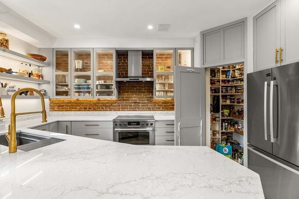 Interior, Kitchen, Recessed Lighting, Stainless Steel Appliances, Stone Walls