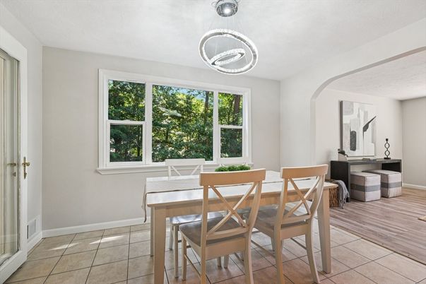 Dining room, Interior, Pendant Lights, Wood Texture Flooring