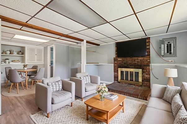 Dining room, Fireplace, Interior, Living room, Wood Texture Flooring
