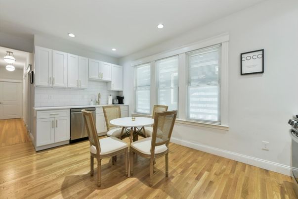 Dining room, Interior, Kitchen, Recessed Lighting, Stainless Steel Appliances, Wood Texture Flooring