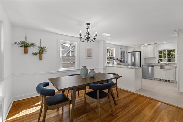 Chandelier, Dining room, Interior, Kitchen, Recessed Lighting, Stainless Steel Appliances, Wood Texture Flooring