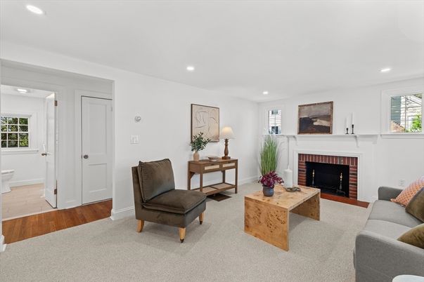 Fireplace, Interior, Living room, Recessed Lighting, Wood Texture Flooring