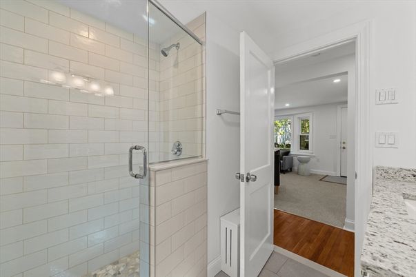 Bathroom, Glass Shower, Interior, Recessed Lighting, Wood Texture Flooring
