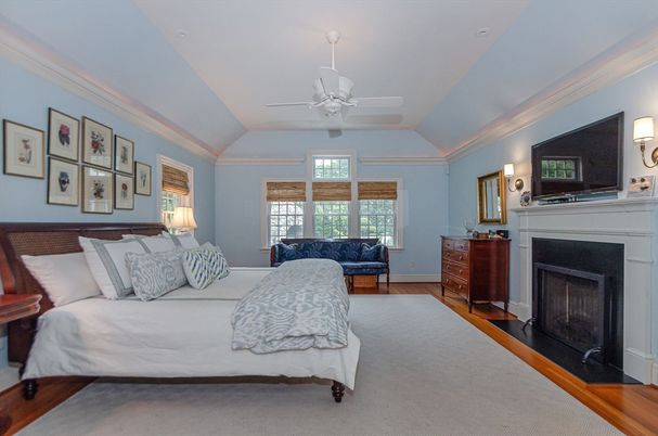 Bedroom, Fireplace, Interior, Wood Texture Flooring