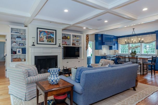 Chandelier, Dining room, Fireplace, Interior, Kitchen, Living room, Recessed Lighting, Wood Texture Flooring