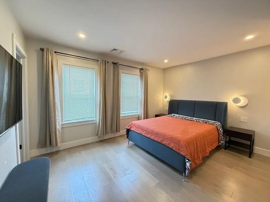 Bedroom, Interior, Recessed Lighting, Wood Texture Flooring