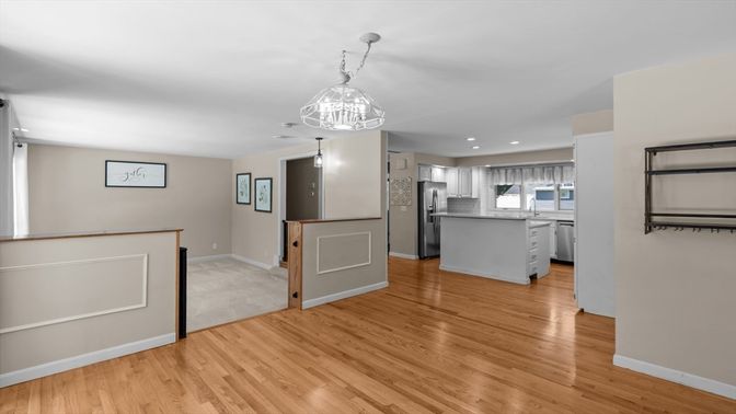Interior, Kitchen, Pendant Lights, Recessed Lighting, Wood Texture Flooring