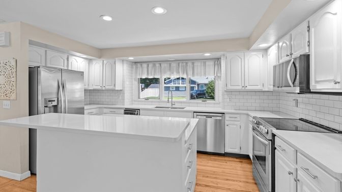 Interior, Kitchen, Recessed Lighting, Stainless Steel Appliances, Wood Texture Flooring