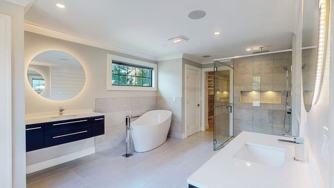 Bathroom, Dual Sink Vanities, Free Standing Baths, Glass Shower, Interior, Recessed Lighting