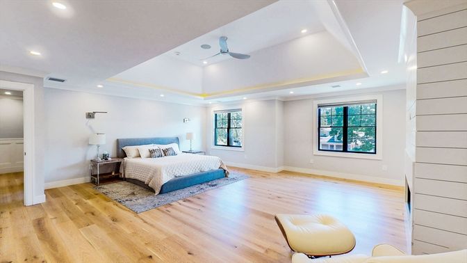 Bedroom, Interior, Recessed Lighting, Wood Texture Flooring