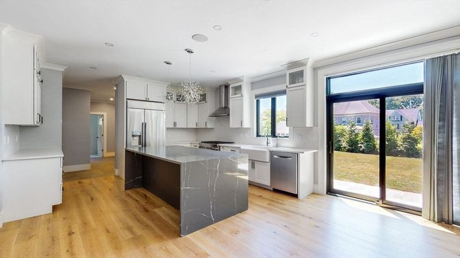 Interior, Kitchen, Pendant Lights, Recessed Lighting, Stainless Steel Appliances, Wood Texture Flooring