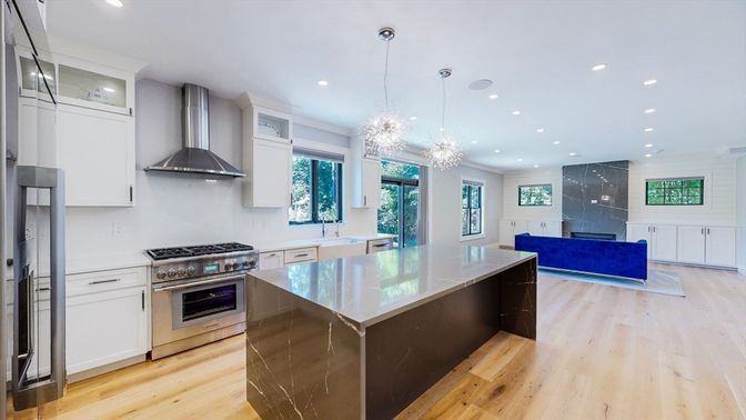 Interior, Kitchen, Pendant Lights, Recessed Lighting, Stainless Steel Appliances, Wood Texture Flooring