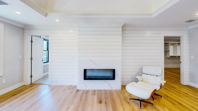 Fireplace, Interior, Recessed Lighting, Wood Texture Flooring