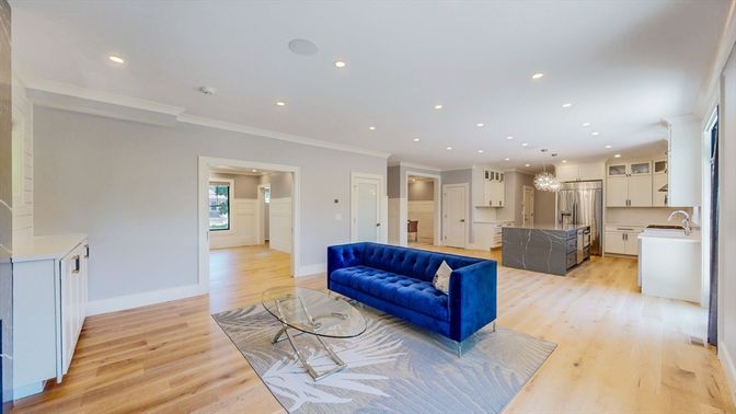 Interior, Kitchen, Living room, Recessed Lighting, Stainless Steel Appliances, Wood Texture Flooring