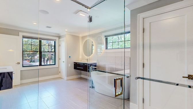 Bathroom, Free Standing Baths, Glass Shower, Interior, Pendant Lights, Recessed Lighting