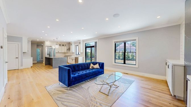 Interior, Kitchen, Living room, Recessed Lighting, Stainless Steel Appliances, Wood Texture Flooring
