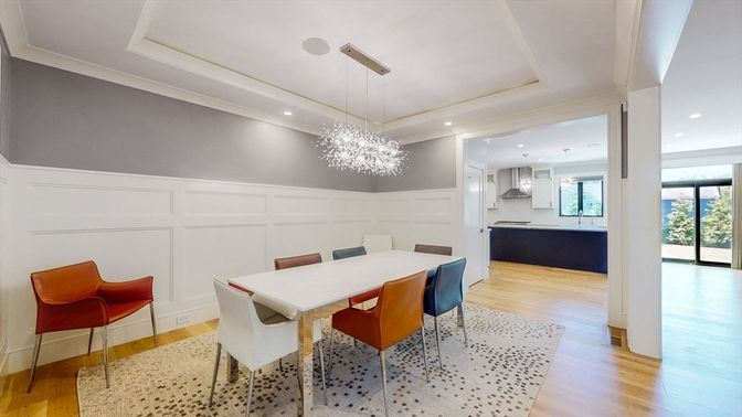 Chandelier, Dining room, Interior, Pendant Lights, Recessed Lighting, Wood Texture Flooring