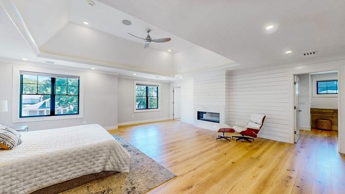 Bedroom, Fireplace, Interior, Recessed Lighting, Wood Texture Flooring