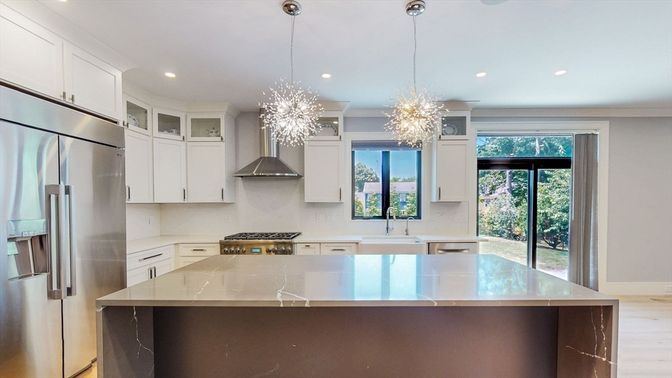 Chandelier, Interior, Kitchen, Pendant Lights, Recessed Lighting, Stainless Steel Appliances, Wood Texture Flooring