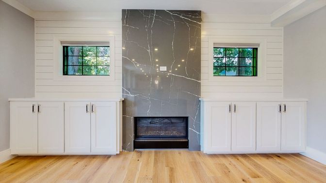 Fireplace, Interior, Marble Walls, Wood Texture Flooring