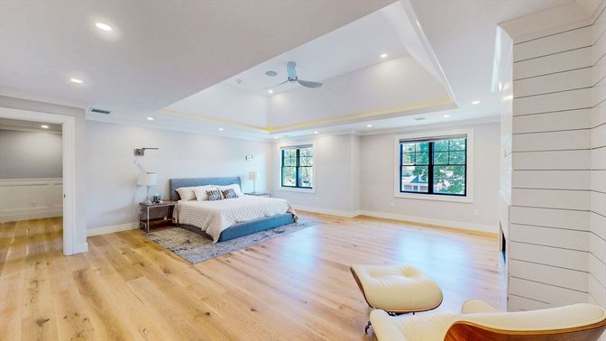 Bedroom, Interior, Recessed Lighting, Wood Texture Flooring