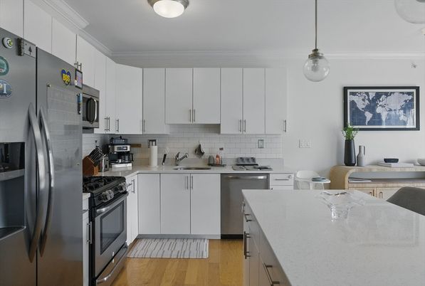 Interior, Kitchen, Pendant Lights, Stainless Steel Appliances, Wood Texture Flooring