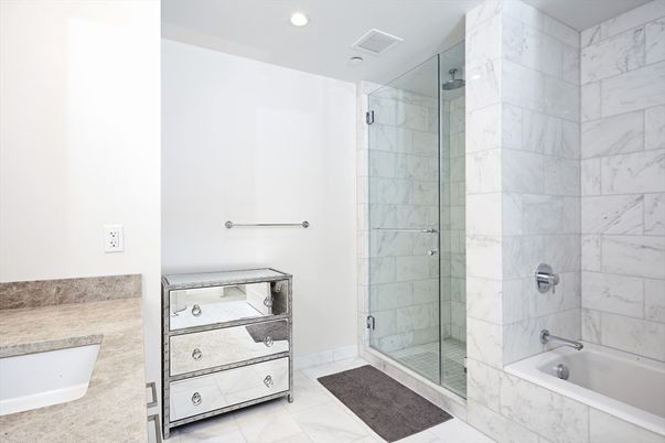 Bathroom, Glass Shower, Interior, Marble Walls, Recessed Lighting