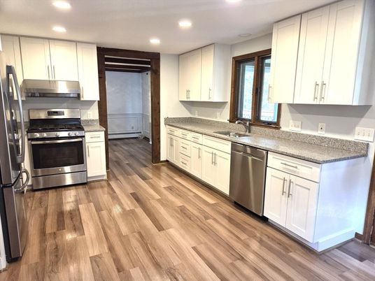 Interior, Kitchen, Recessed Lighting, Stainless Steel Appliances, Wood Texture Flooring