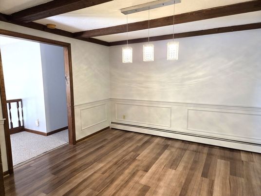 Empty room, Interior, Pendant Lights, Wooden Beams, Wood Texture Flooring
