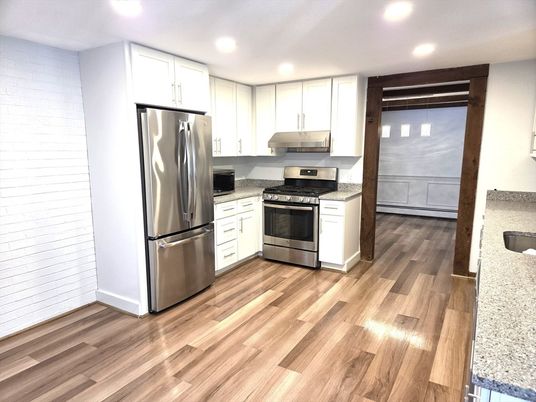 Interior, Kitchen, Recessed Lighting, Stainless Steel Appliances, Wood Texture Flooring