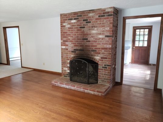 Empty room, Fireplace, Interior, Stone Walls, Wood Texture Flooring