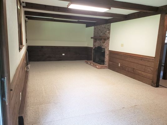 Empty room, Fireplace, Interior, Stone Walls, Wooden Beams