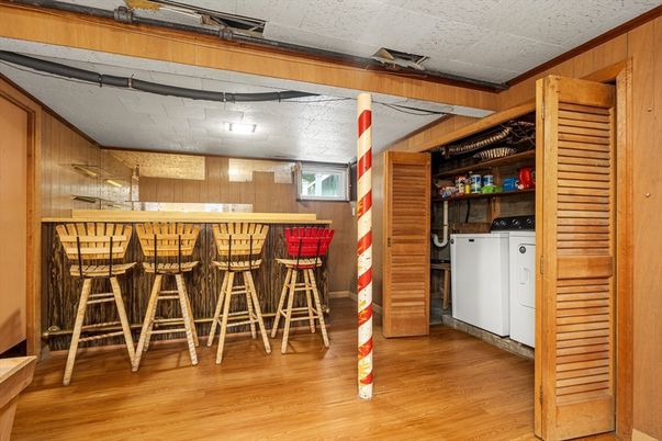 Interior, Washer, Wood Texture Flooring, Wooden Walls