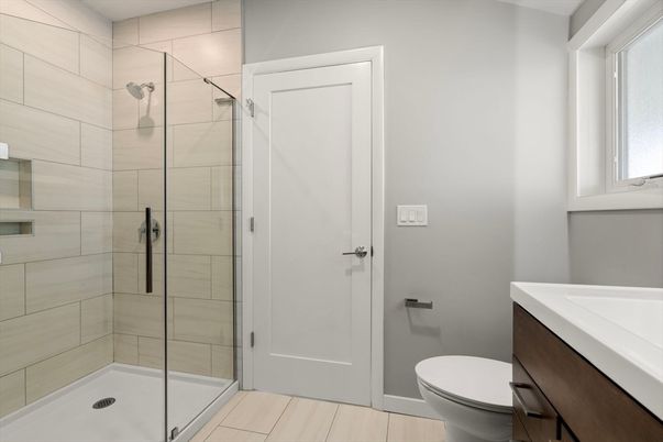 Bathroom, Glass Shower, Interior, Wood Texture Flooring