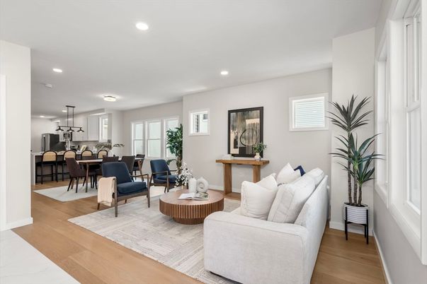 Dining room, Interior, Living room, Pendant Lights, Recessed Lighting, Wood Texture Flooring