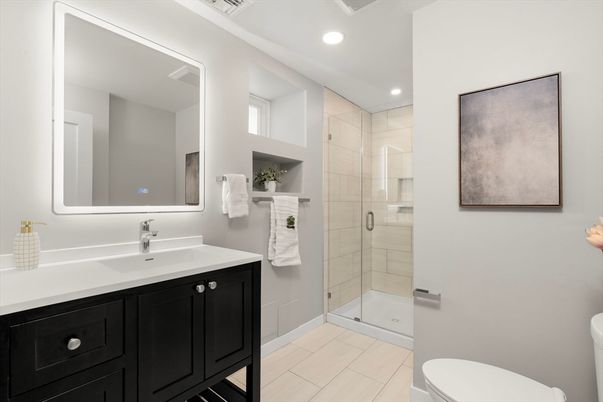Bathroom, Glass Shower, Interior, Recessed Lighting