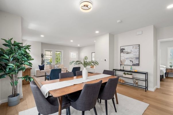 Dining room, Interior, Living room, Recessed Lighting, Wood Texture Flooring