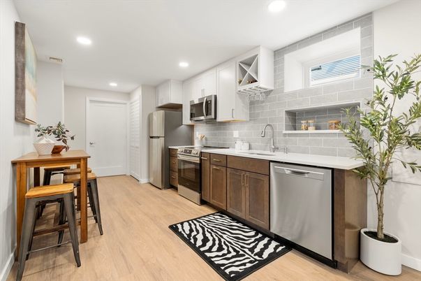 Interior, Kitchen, Recessed Lighting, Stainless Steel Appliances, Wood Texture Flooring