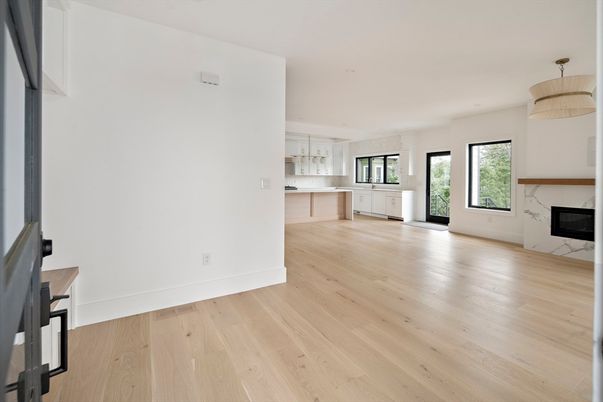 Empty room, Fireplace, Interior, Pendant Lights, Wood Texture Flooring
