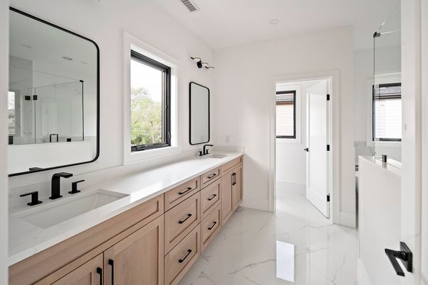 Bathroom, Dual Sink Vanities, Glass Shower, Interior, Marble