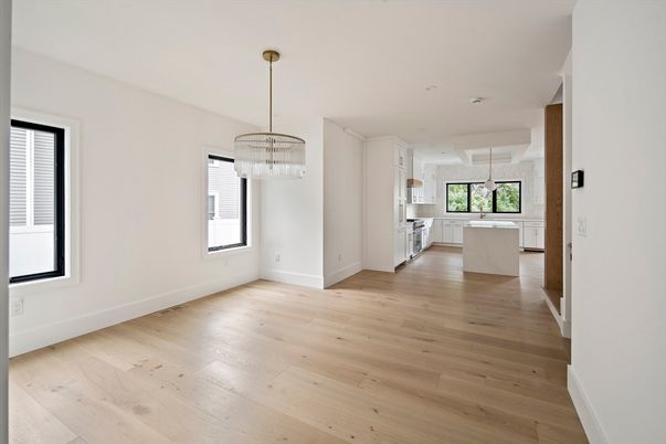 Chandelier, Empty room, Interior, Kitchen, Pendant Lights, Recessed Lighting, Wood Texture Flooring