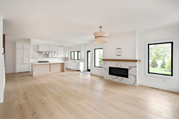 Empty room, Fireplace, Interior, Kitchen, Pendant Lights, Wood Texture Flooring