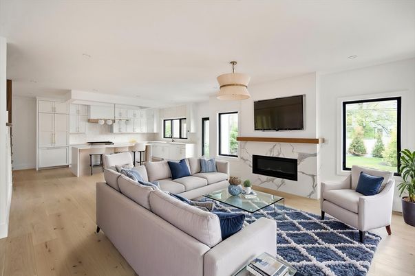 Fireplace, Interior, Kitchen, Living room, Pendant Lights, Recessed Lighting, Wood Texture Flooring